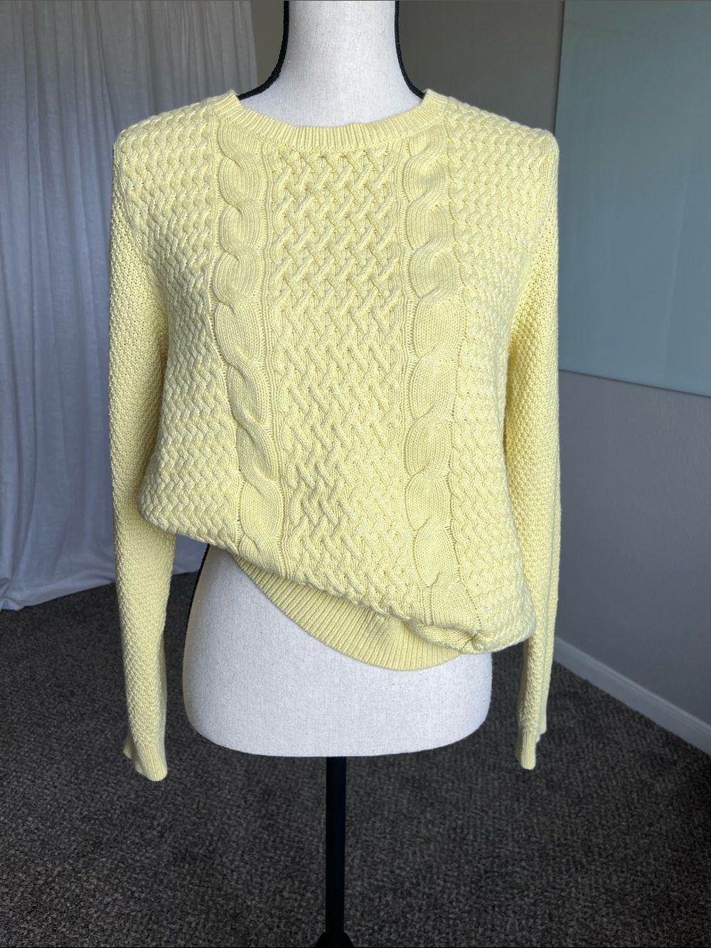 Butter Yellow Textured Cotton Sweater Coastal Grandma Preppy Relaxed Large